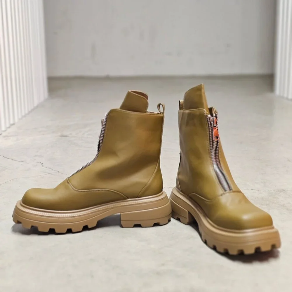 Chunky Sole Olive Green Leather Ankle Boots With Front Zipper And Lug Outsole Fo - Picture 8 of 8